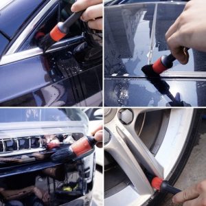 čopiči za čiščenje avtomobila prikazani kako čistijo aluminijasto platišče in ostale dele avtomobila