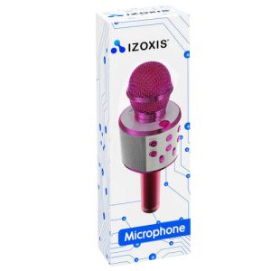 Atraktivna embalaža roza karaoke mikrofona, idealna za darilo ob posebnih priložnostih.