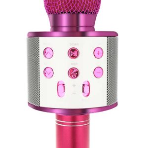 Podrobni pogled na nastavitvene gumbe na roza karaoke mikrofonu, ki omogočajo enostavno prilagoditev zvoka.