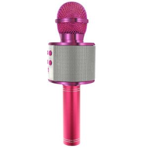 Celoten pogled na roza karaoke mikrofon s podrobnimi informacijami o dimenzijah in funkcijah