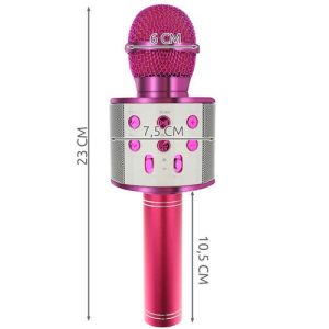 Tehnične dimenzije roza karaoke mikrofona, ki zagotavljajo podrobnosti o velikosti in obliki.